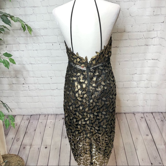 Bardot Black with Gold Leaf Lace Halter Dress 8 - Picture 8 of 14